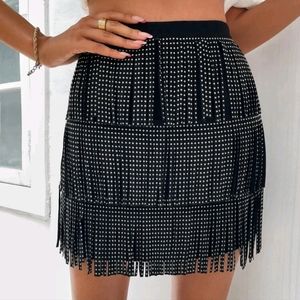 Black Studded Fringe Mini Skirt - Sleek Evening Layered Style